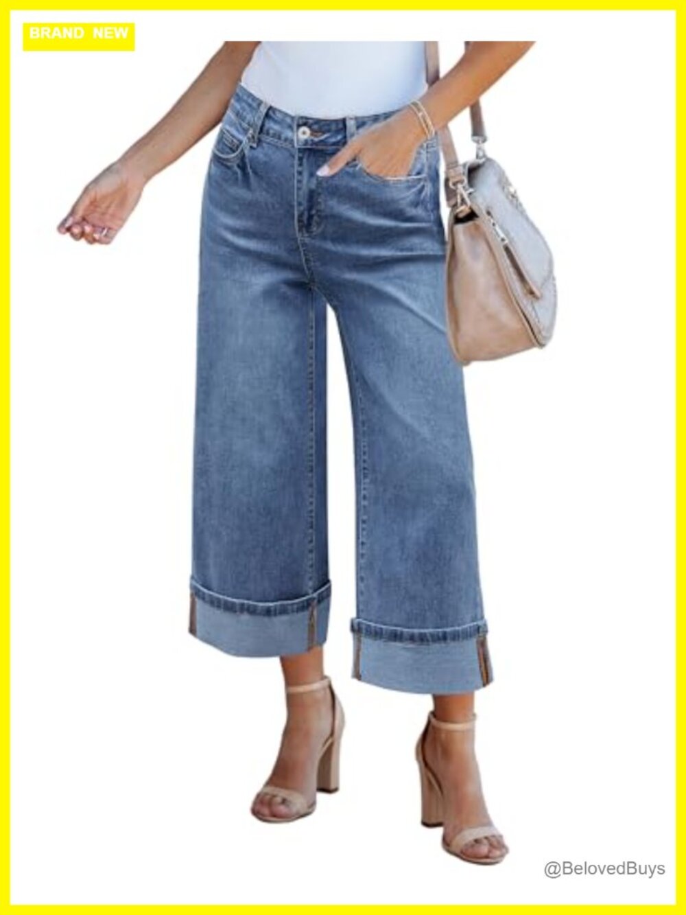 High Waisted Wide Leg Stretchy Denim Capri Jeans